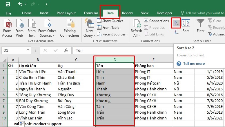 cách sắp xếp tên theo thứ tự ABC trong Excel